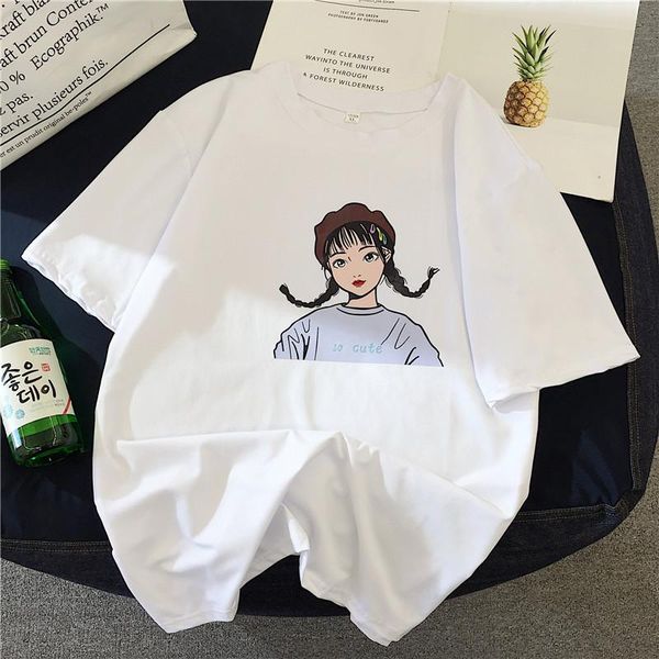 

women's t-shirt casual loose strange girl tshirt t-shirts japanese kawaii ladies ulzzang female korean harajuku clothes for women, White