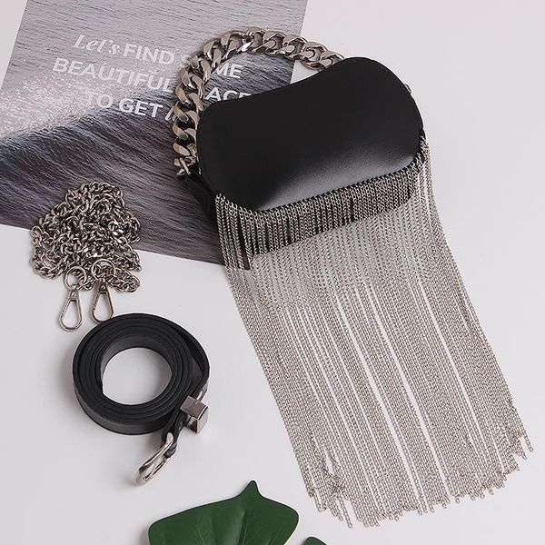 

luxury long metal chain tassel women fanny packs oval waist bags black pu leather belt phone crossbody shoulder bag storage