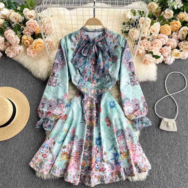 Spring Product Sweet Vestidos Женская кружевная бабочка галстука галстука Rauffled фонарь рукава тонкое мини-платье GK616 210507