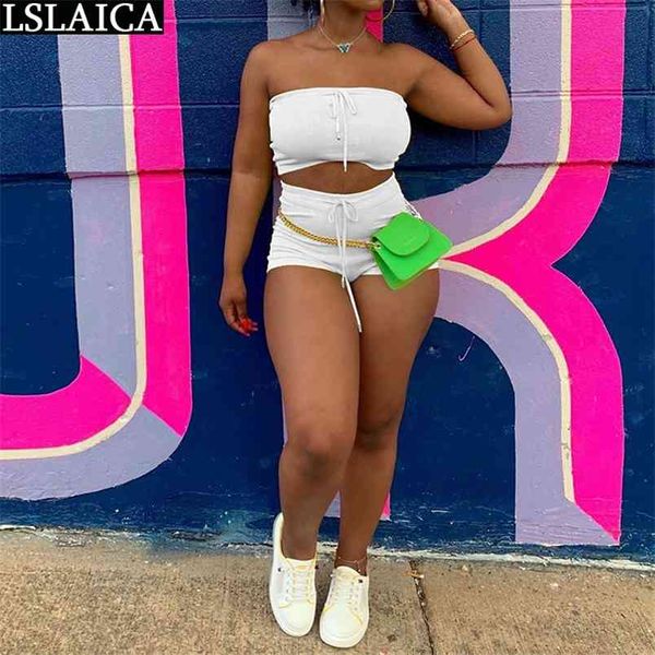 

tube two piece set summer strappy sleeveless clothes for women casual solid shorts tracksuit pantalones cortos de mujer 210515, White