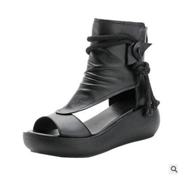 

new women sandals genuine leather summer shoes rome wedges platform thick bottomed breathable comfortable women sandals wenshet, Black