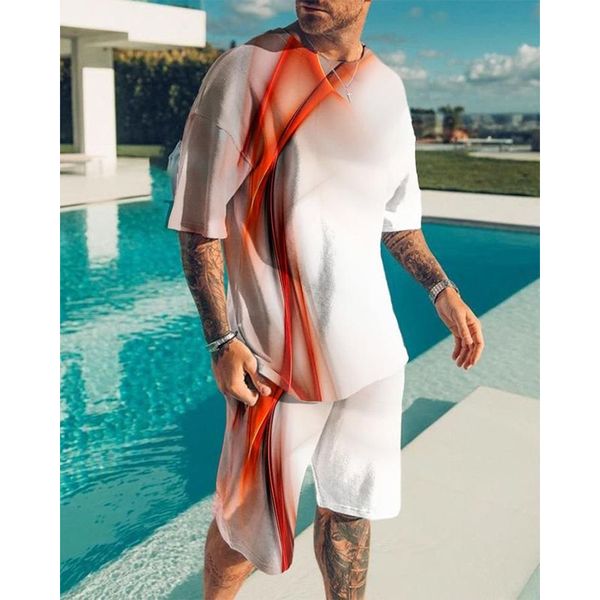 

striped pattern men's sports suit short-sleeved t-shirt with shorts, comfortable, breathable and dry, daily leisure sports, Gray