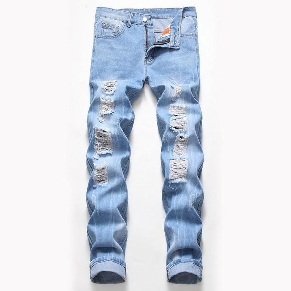 

men's jeans knee pure color holes ripped men brand designer slim fit washed street mens distressed, Blue
