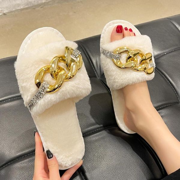 

slippers women fashion trend design winter luxury flat solid fluffy fur home slides chain decoration crystal strap ladies shoes, Black