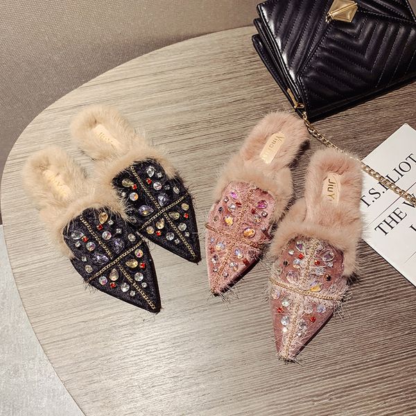 

crystal mules women flats shoes pointed toe winter furry flats half-slippers women mules winter lady flats shoes, Black