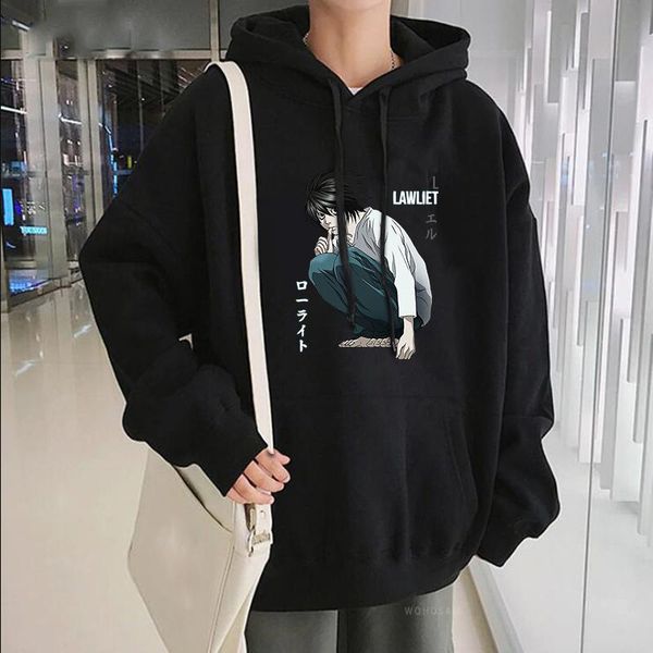 

men's hoodies & sweatshirts japan anime death note lawliet  hoodie harajuku cartoon graphic streetwear women korean fashion oversized, Black