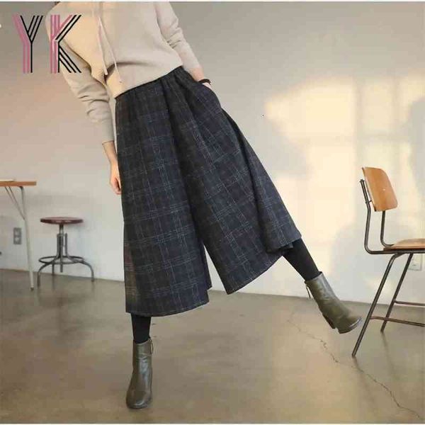 

plaid wool blend elastic band high waist baggy wide leg pants women mom ankle length trousers spring culottes pantaloons, Black;white