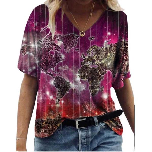 

fashion 3d map print women tee loose plus size t shirt ladies casual v-neck short sleeve 2021 summer tees women's t-shirt, White