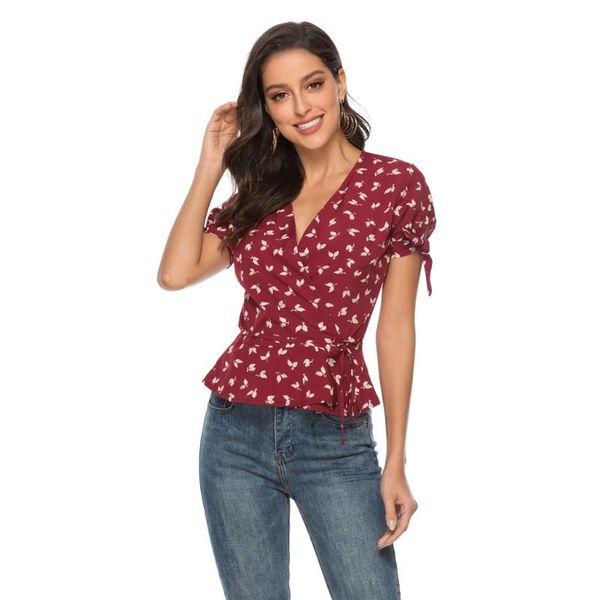 

women's blouses & shirts v neck chiffon shirt summer women short sleeve casual blouse 2021 female floral print lace-up slim, White