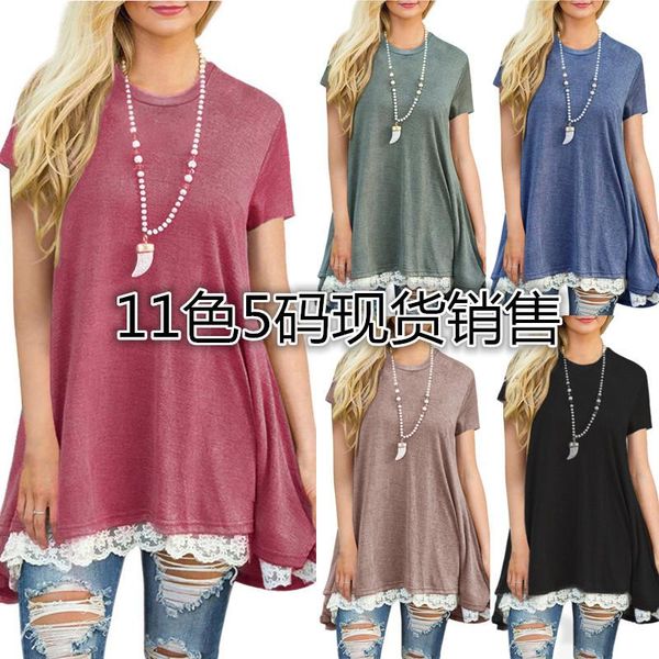 

women's t-shirt spring short-sleeved round neck stitching lace, White
