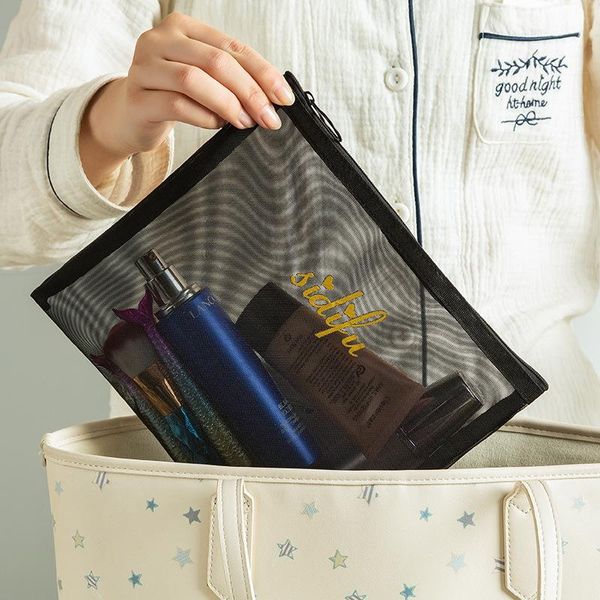 

storage bags mesh fabric makeup organizer for women's portable cosmetic sort bag black travel toiletries small handbag fashion