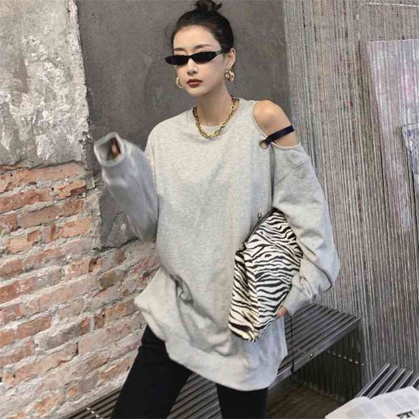

round neck pullover off shoulder sweater women's 2021 autumn winter new korean version loose and versatile design thin top, Black