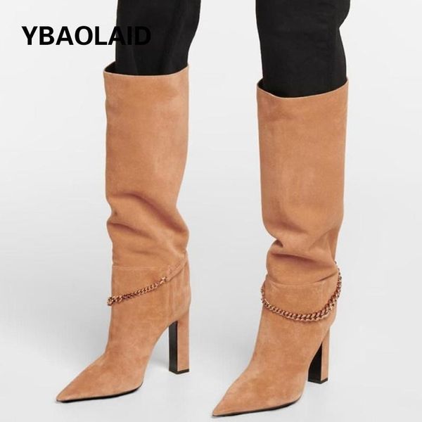 

boots leather sleeve high-heeled straight knight autumn/winter style pointed metal chain thick heel fashion long, Black