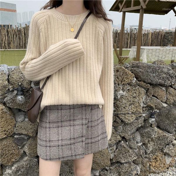 

autumn winter sweater women fashion round neck solid color loose casual long sleeve knit pullover y243 women's sweaters, White;black