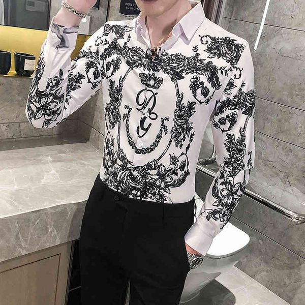 

men's casual shirts korean fashion digital print shirt streetwear long sleeve for men slim fit occasional blunder male costumes 2 color, White;black