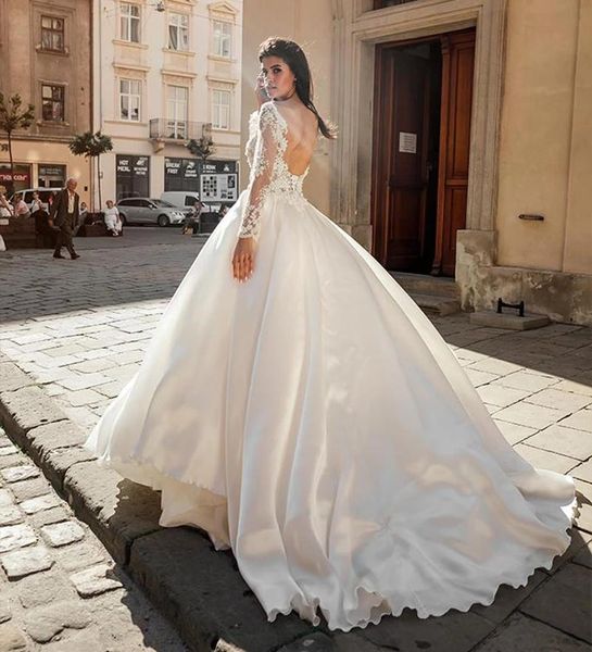 

other wedding dresses herburnl backless dress appliques lace soft satin bridal gowns long sleeves princess for women, White