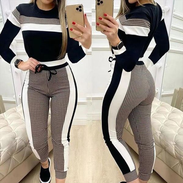 

plaid color block printed women capri skinny casual long sleeve suit pants check stripe fashion 2 pcs set clothing, Black;white
