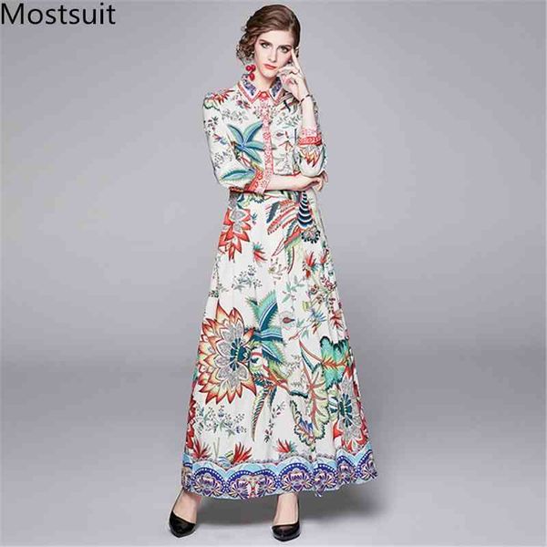 

autumn floral printed fashion long maxi women dress high waist three quarter sleeve turn-down collar party vintage dresses 210518, Black;gray