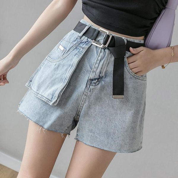 

women's jeans denim shorts for women vintage washed cotton loose large pocket summer female, Blue