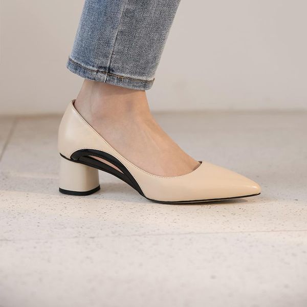 

dress shoes fashion basic pumps for women genuine leather med heels pointed toe elegant slip on female, Black