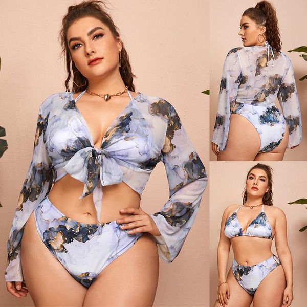 

women's plus size swimwear print bikini set 3-piece skirt swimsuit high cut women string bathing suit micro biquini, Black