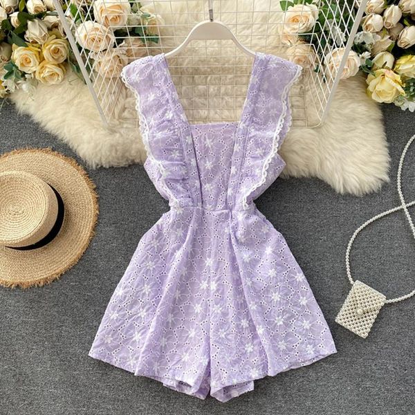 

women floral strap rompers retro hollow square collar sleeveless wide leg short casual fashion print women's jumpsuits &, Black;white