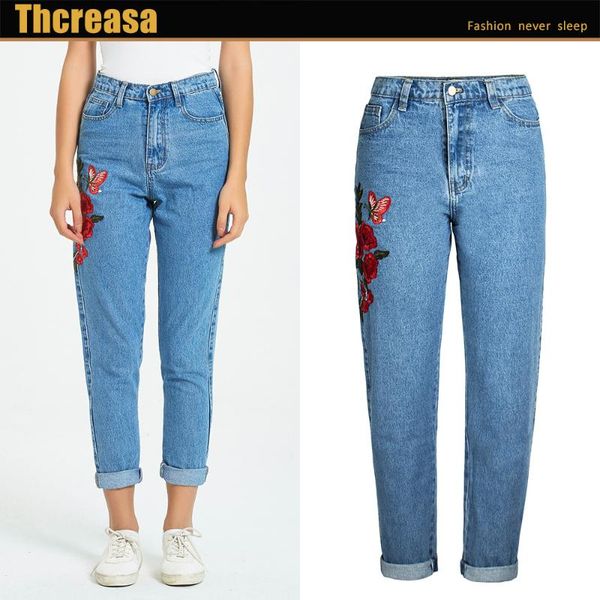 

2021, spring and autumn women's denim trousers embroidered high waist straight pants jeans, Blue
