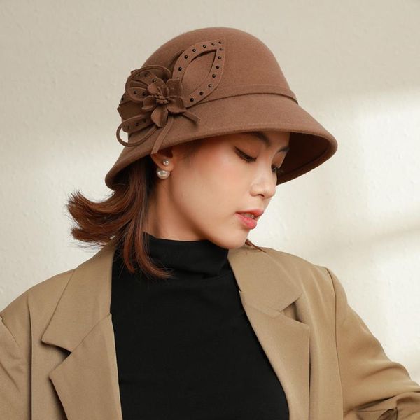 

stingy brim hats 2021 winter hat women fedora large wool felt cloche for ladies wide vintage flower round top, Blue;gray