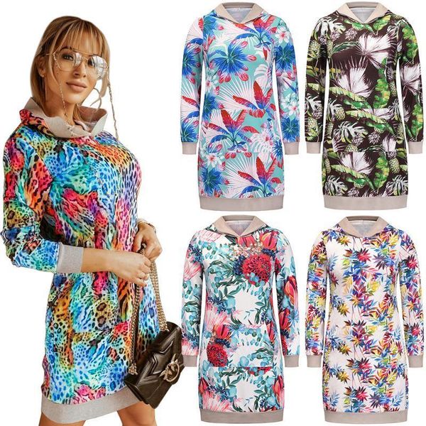 Casual Kleider Extra Lange Hoodie Floral Kapuze Elegante Sweatshirt Poleron Mujer 2021 Cord Tunika Hoodies Kleid Frauen Tragen Herbst Winter