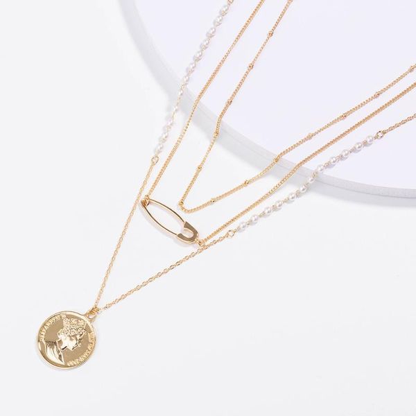 

pendant necklaces paperclip coin pendants for women gold color simple layered necklace female 2021 fashion jewelry delicate pearls chain, Silver