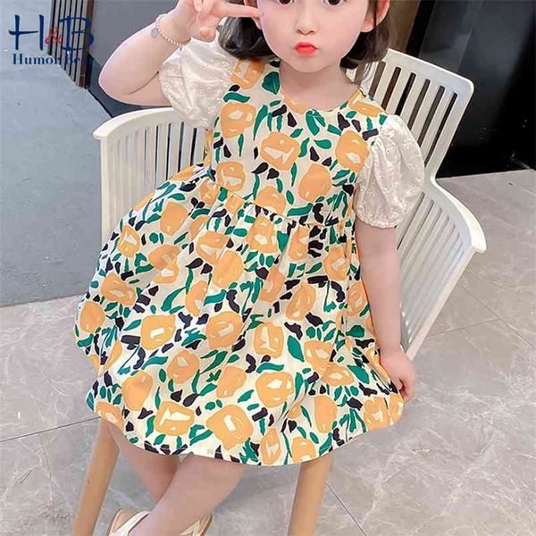 

girls dress summer puff-sleeve floarl printed lace patchwork cute pricess toddler kids clothes 210611, Red;yellow