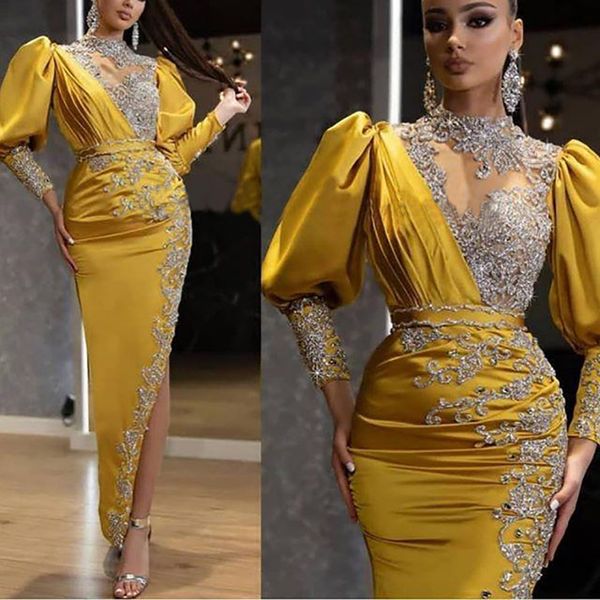 

ankle-length arabic evening formal dresses 2021 sparkly crystal beaded lace high neck long sleeve slit occasion prom dress, Black;red