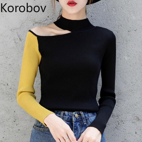 

women's sweaters korobov women turtleneck irregular halter slim off shoulder hit color jumper patchwork korean sueter mujer 78259, White;black