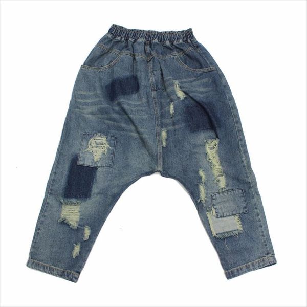 

harem vintage hole patchwork one womens pants size elastic waist pantalones mujer streetwear blue ankle, Black;white