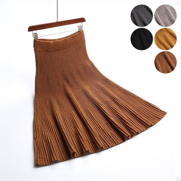 

skirts pleated knitted skirt women a-line high waist striped saias faldas mujer tricot plus size bottoms winter jupe femme, Black