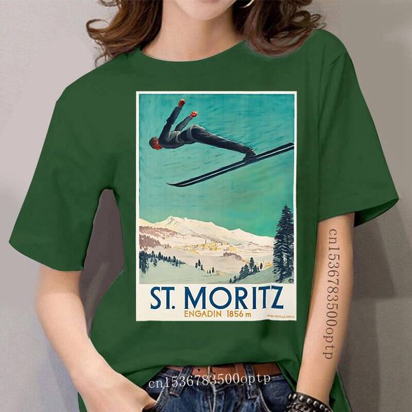 

women's t-shirt women ski jumping at st. moritz switzerland vintage travel poster design by naves tshirt t shirt, White