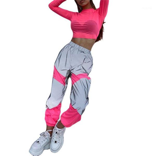 

women sports trousers fashion reflective color stitching high waist long pants female beam feet casual autumn winter women's & capris, Black;white