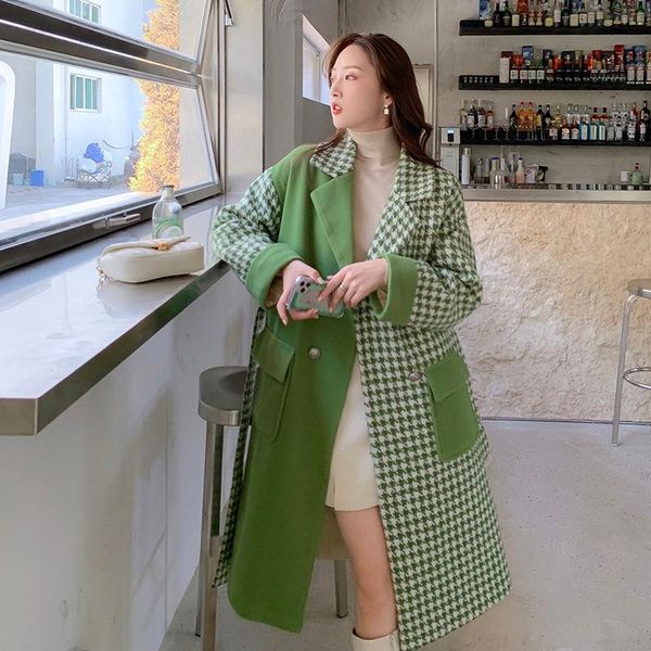 

women's wool & blends [ewq] korea women thickened double breasted long sleeve palid spliced woolen coat green female autumn winter over, Black