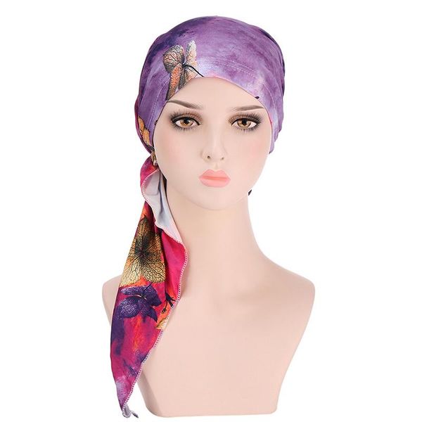 

beanie/skull caps muslim baotou cap for women individuality curved floral multi-colored printed two-tail creative pattern turban hat, Blue;gray