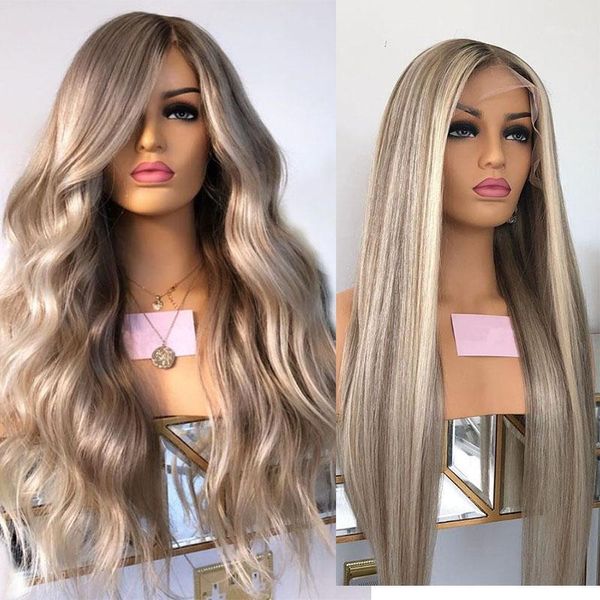 

brazlian remy highlight platinum blonde ombre 13x6 lace front wigs pre plucked natura hairlink wavy stright full1, Black;brown