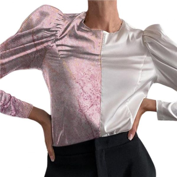 

women's blouses & shirts elegant lady shirt bubble sleeve contrast colors casual round neck spring autumn loose women blouse, White