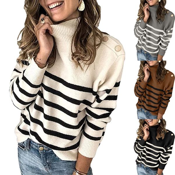 

fashion sweater 2021 women's striped turtleneck knitted pullover, White;black