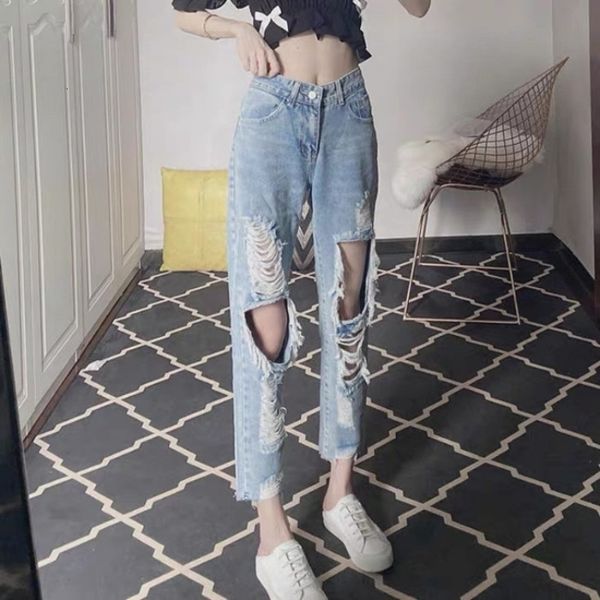 

women's jeans female fashion baggy hole ripped jeans high waist ankle length denim hip hop pants fringe streetwear tx1m, Blue