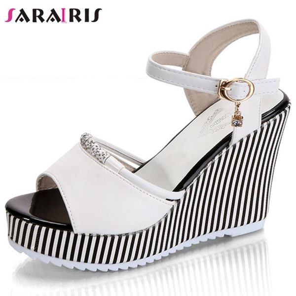 

dress shoes sarairis sweet high wedges sandals women summer fashion date ladies classic brand striped platform, Black