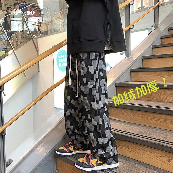 

men's jeans winter thick velvet casual men japanese vintage printed elastic waist jean pants male warm loose gentleman denim, Blue