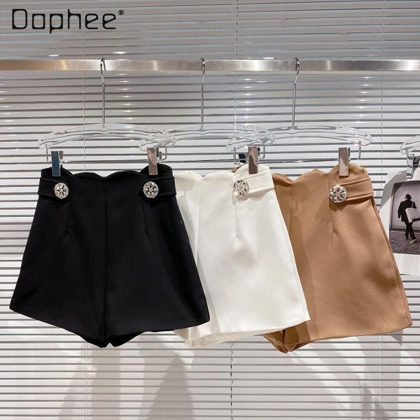 

women's shorts spring female solid color high waist rhinestone button straight suit ladies simple wide leg, White;black