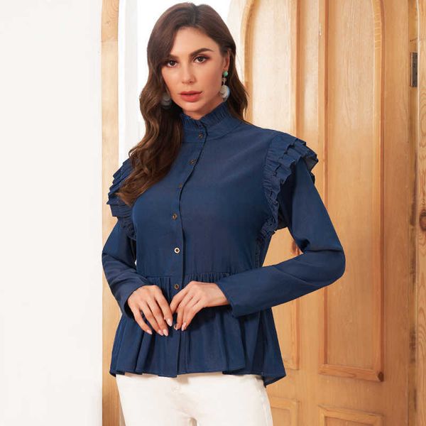 

women's blouses & shirts summer 2021 blue long sleeve fungus ruffled stand-up collar button french elegant office lady e8ex, White