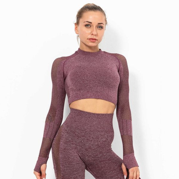 

hollow mh belly button women's tight quick drying sports long sleeve fitns yoga suit breathable t-shirt, Gray