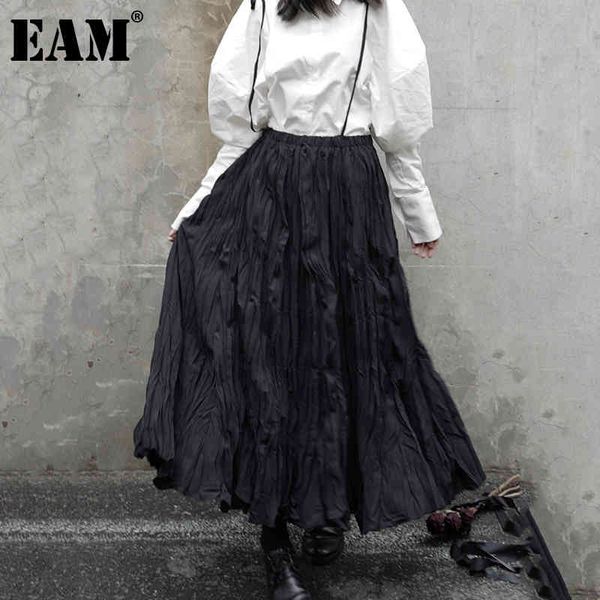 

[eam] high elastic waist black irregular pleated casual strap half-body skirt women fashion spring summer 1dd8321 21512
