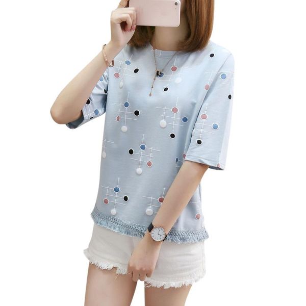 

women's t-shirt fashion round neck loose casual tassel half sleeves t shirts, White
